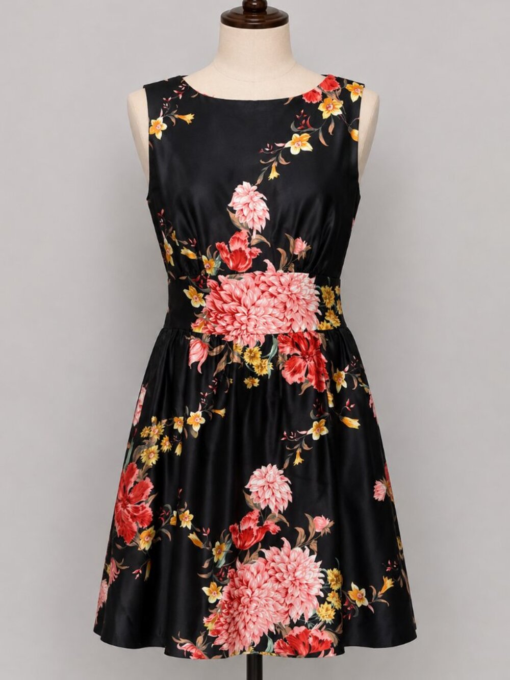 FIORI Di ZUCCA Dress 4 Black Floral Silk Satin Sleeveless Fit Flare Short